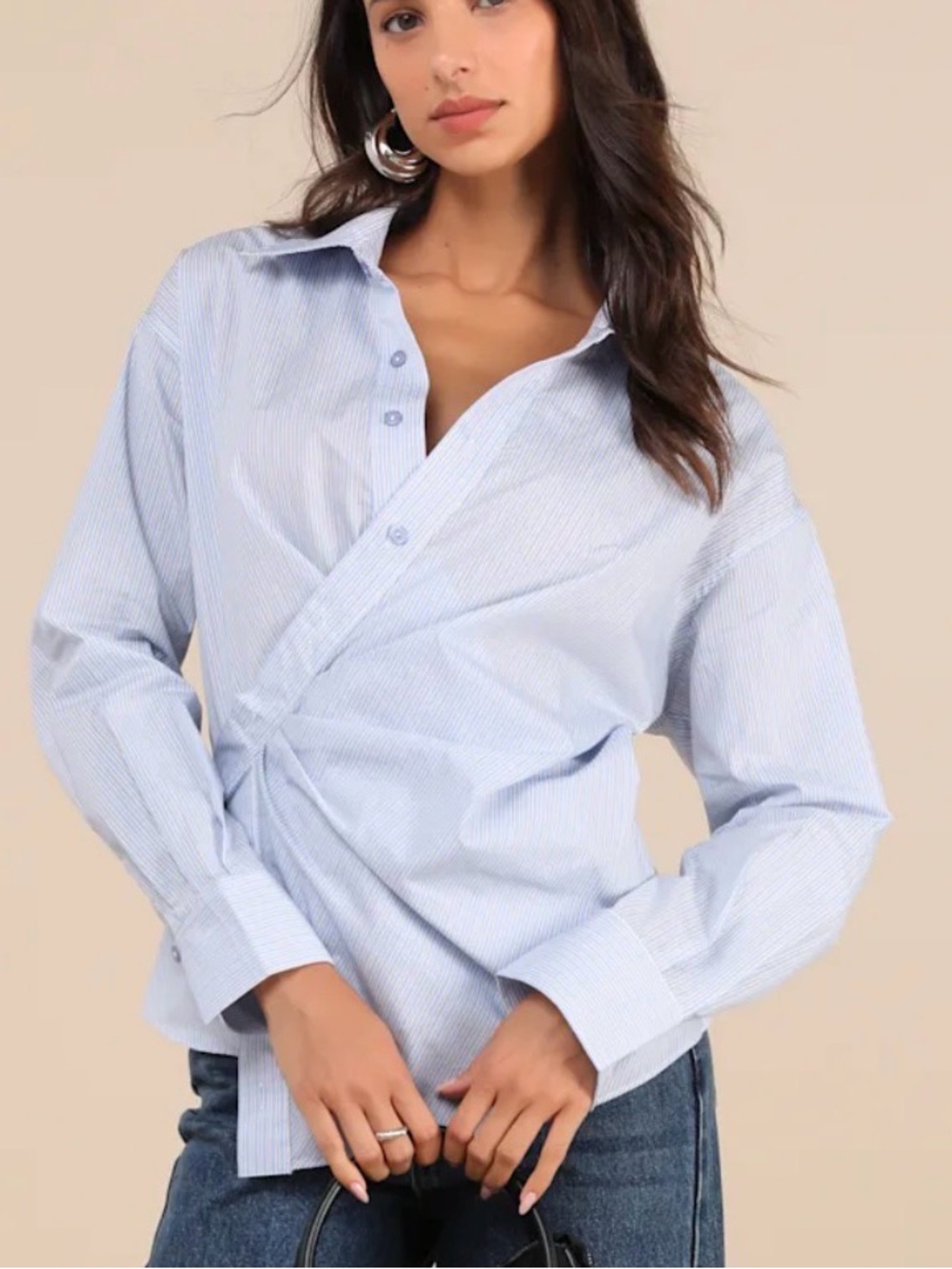 Astr Light Blue Pinstripe Couture High fashion Wrap Style Button-Down Shirt